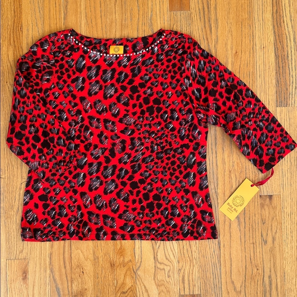 Ruby Rd. Red and Black Animal Print Top - Picture 2 of 7